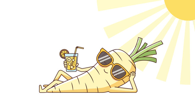 Relaxing Parsnip With Sunglasses Enjoying Sun and Refreshing Drink in Summertime