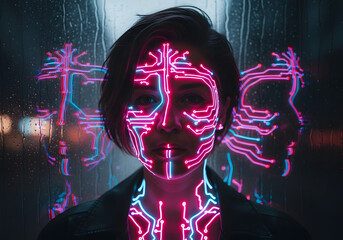 Futuristic neon cybernetic portrait with glowing circuitry on face against a transparent backdrop