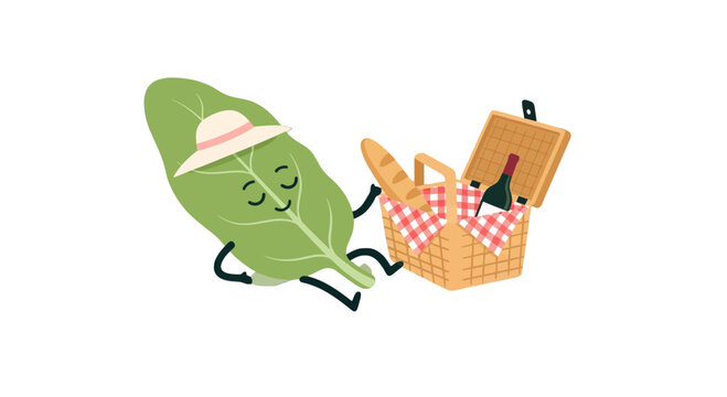Relaxing Spinach Enjoying a Picnic With a Hat and a Basket of Food and Drinks