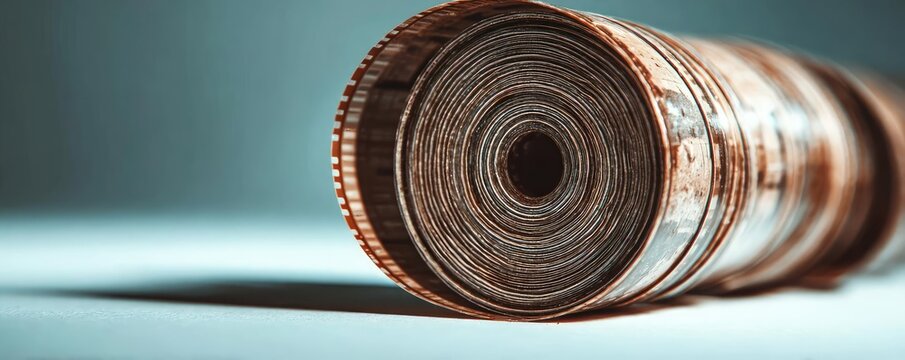 Old underexposed 35mm film on white concept. Close-up of rolled vintage paper, perfect for creative projects.