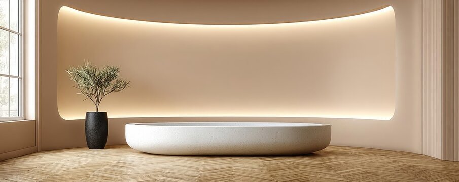 Modern beige wall with decorative baseboard concept. Modern spa interior with a curved design and soft lighting.