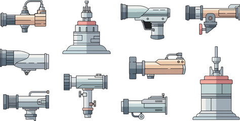 Collection of Modern Digital Microscope Icons in Flat Style for Scientific or Educational Use