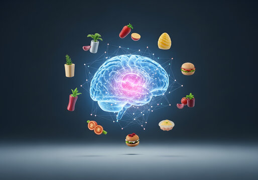 Glowing brain surrounded by colorful food icons representing brain health and nutrition science