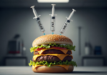 Hamburger with syringes labeled sugar fat and salt piercing the bun on transparent background