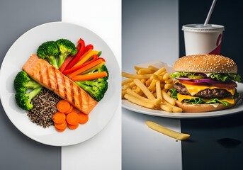 Healthy plate with salmon and vegetables beside a burger and fries on transparent background