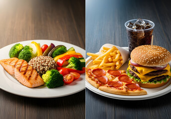 Healthy salmon with vegetables plate contrasted with burger pizza fries on dark wood table