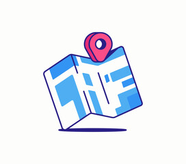 Illustrated folded map with navigation location pin icon cartoon vector hand drawn style