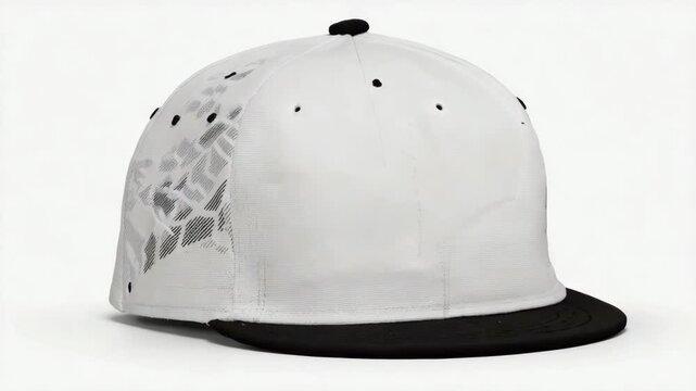 White and black baseball/snapback cap rotating slowly on a white background.