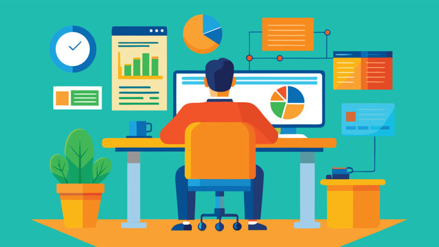 Man engaged with a computer, reviewing graphs and charts that represent statistical information..eps