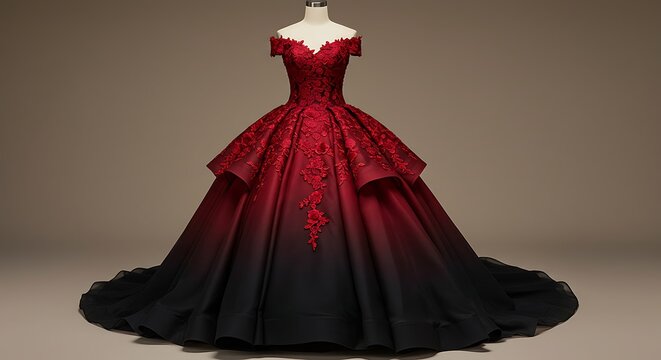 Elegant off-shoulder ballgown with ombre red to black skirt and delicate lace detailing