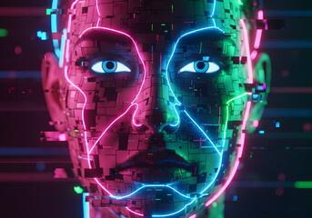 Neon geometric digital portrait of fragmented face on transparent background for futuristic visuals