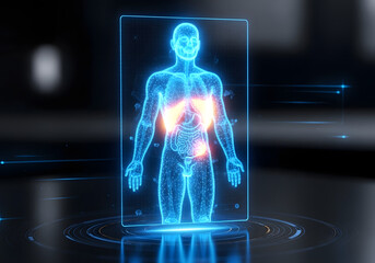 Holographic human anatomy display with blue neon glow and transparent panel visualization
