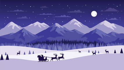 Santa Claus riding his sleigh pulled by reindeer through a snowy landscape under a starry night sky with mountains in the background.