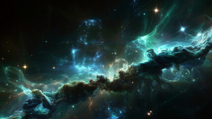 Obraz premium Deep space nebula, vibrant green clouds