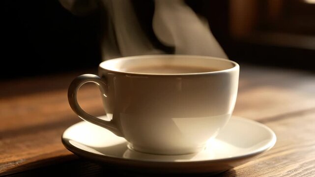Aromatic Morning - Steaming Coffee Cup on Wooden Table.
