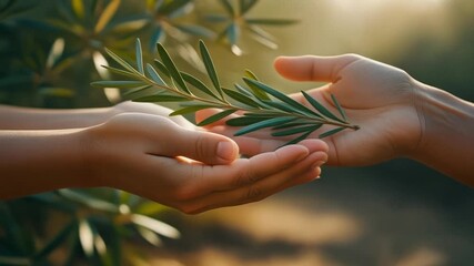 Gentle hands sharing an olive branch, offering peace and hope in a serene, sunlit scene. Perfect for themes of renewal and connection