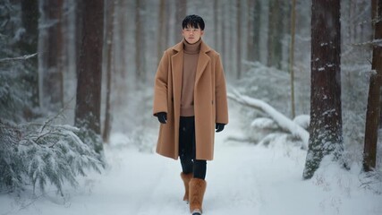 Stylish man walking through a snowy forest in winter, fashion shoot for outdoor apparel, cozy winter vibes for marketing campaigns