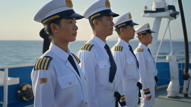 Naval academy cadets in crisp uniforms stand at attention, a scene of discipline, tradition, and maritime service, ready for duty at sea