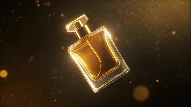Elegant golden perfume bottle floating amidst sparkling light particles, a luxurious fragrance experience, perfect for beauty ads and lifestyle marketing