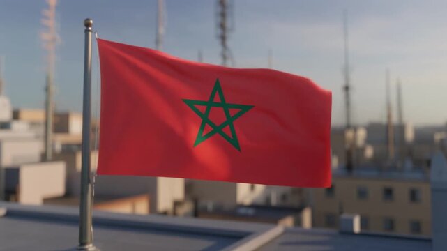Dynamic video of the Moroccan flag waving proudly against a cityscape backdrop, conveying patriotism and national pride in modern urban setting