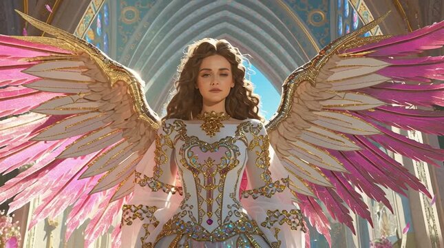 Majestic angel with pink wings gracefully descends in opulent palace setting movement