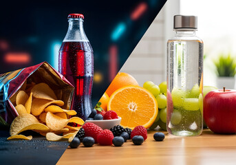 Split lifestyle with chips and soda on left and fresh fruit water on right on wooden table