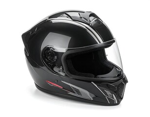Glossy black motorcycle helmet angled left against a clean white backdrop, with a clear visor