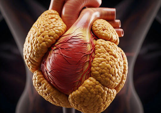 Three dimensional rendering of a human heart with surrounding adipose tissue on transparent background