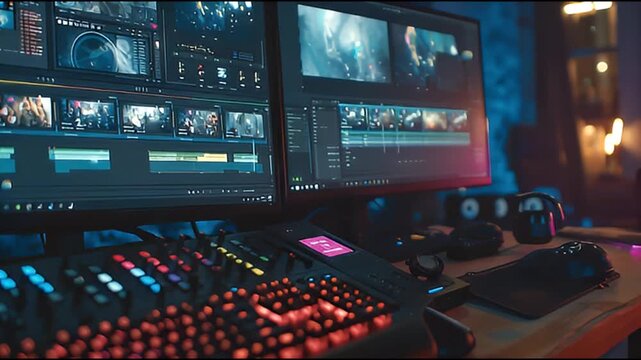 Professional Video Editing Setup Dual Monitors and Advanced Software for Creative Content Creation