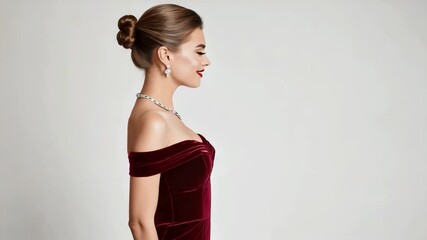 Elegant Woman in Red Velvet Gown and Diamond Jewelry Posing and Smiling - Powered by Adobe