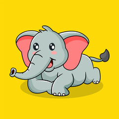 Cute Baby Elephant Lying Down on the Ground Kawaii Style Vector Illustration Cartoon Design