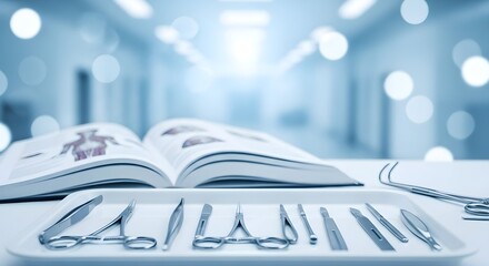 Concept of medical training showing surgical instruments and an anatomy book in a clinic