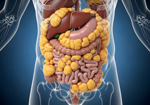 Anatomical illustration of the human digestive system with visceral fat on transparent background