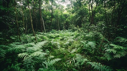 dense verdant tropical forest showcasing lush green ferns on the ground beneath a canopy of tall trees. Ideal for nature, travel, or environmental 