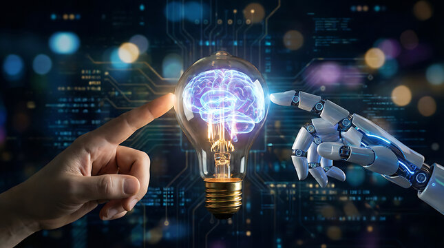 Innovative AI concept featuring a human hand and robotic arm touching a lightbulb with a brain inside, symbolizing cutting-edge technology and the future of artificial intelligence development - Powered by Adobe