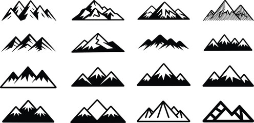 Stylized mountain icon set with abstract peaks, textured silhouettes, minimalist outlines, perfect for logo design, branding, nature themes, and graphics.