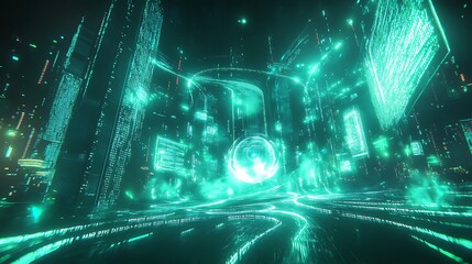futuristic glowing digital cityscape bathed in vibrant teal light, with virtual architecture and data streams. Ideal for tech, AI, or metaverse