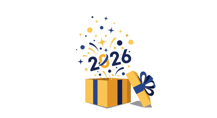 Festive 2026 Celebration Design with Exploding Gift Box for New Year Greetings and Promotional Graphics, Ideal for Holiday and Event Marketing Campaigns.