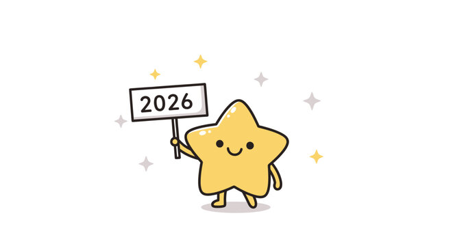 Cheerful star character holding a 2026 sign, promoting future events, celebrations, or marketing campaigns with a positive and optimistic message
