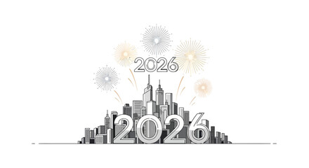 Futuristic Cityscape Celebrating the Year 2026 with Fireworks Display, Ideal for New Year's Greetings, Event Invitations, and Technological Advancement Themes