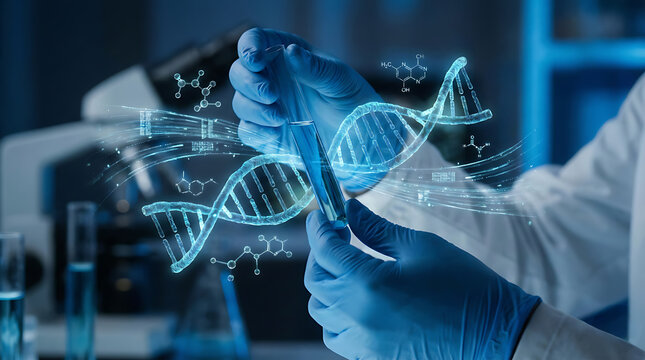 Cutting-edge scientific research unfolds as a gloved technician examines a DNA sample, revealing the future of medicine and biotechnology, symbolizing innovation and advanced molecular studies
