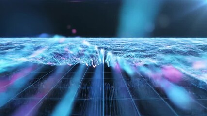 A dynamic digital wave visualization featuring glowing lines and grid symbols, representing advanced technology and data flow for innovative digital media projects. - Powered by Adobe