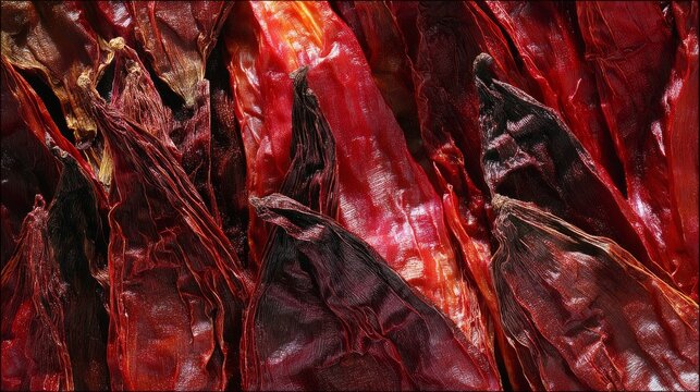 foray. Close-up of deep red wrinkled chili texture showing rich color variations and organic details. menu design, packaging mockups, designed for food delivery and cloud-kitchen brand materials.
