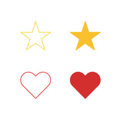 Flat Colored Star and Heart Icon Set in Outline and Solid Style for Favorite, Like, and Rating