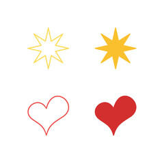 Flat Colored Star and Heart Icon Set in Outline and Solid Style for Favorite, Like, and Rating