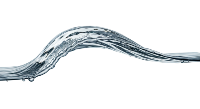 A single, clear wave of pure water flows in an elegant arch, with ripples and bubbles on its smooth, transparent surface, captured in a dynamic studio shot