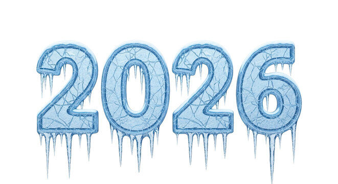 The number 2026 rendered in a detailed frozen ice font, showing a cracked texture, translucent blue color, and sharp icicles hanging down from the digits