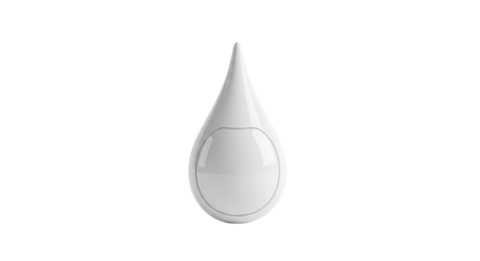 A futuristic white gadget in a minimalist droplet shape, featuring a smooth, glossy surface and a round sensor panel, embodying modern smart home technology and innovation