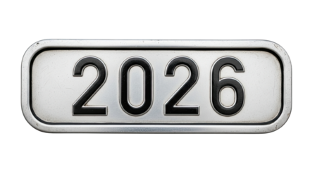 A weathered and scratched metallic plate with the year 2026 embossed in bold black numbers, featuring a vintage industrial style and a textured, worn surface detail
