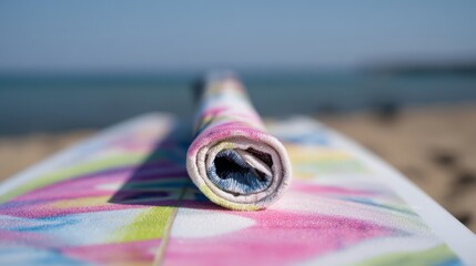 rashguard. A colorful rolled-up rashguard resting on a surfboard at the beach. event key visuals, club posters, designed for fitness apps and gym onboarding, drives event promotion.